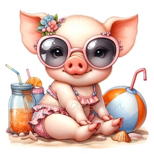 12 PNG Clipart de Cerdito de Playa / Lindo Cerdito en Traje de Baño y Gafas de Sol / Arte Animal de Verano / Diseño de Sublimación Tropical