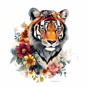 12 PNG Tigre Floreale PNG – Clipart di Gatto della Giungla Acquerello – Arte di Animali Selvatici per Magliette a Sublimazione, Stampe da Parete, Artigianato