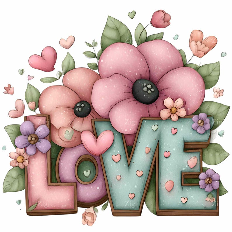 12 PNG Floral LOVE Clipart – Romantic Flower Letters PNG for Valentine ...