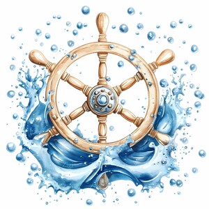 20 Clipart de roue de bateau nautique JPEG, Illustration des éclaboussures d'eau de mer, impression d'art numérique maritime téléchargement JPG