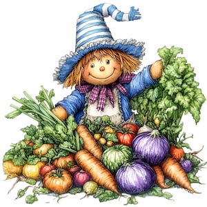 11 PNG Watercolor Scarecrow with Vegetables PNG Clipart, Cute Fall Harvest Illustration, Rustic Farm Garden Digital Download