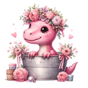10 Clipart PNG di dinosauri rosa in vaso di fiori, simpatico dinosauro floreale con corona, download di arte digitale per bambine