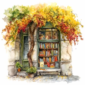 May include: Watercolour illustration of a charming bookshop exterior. A green door and window frame are decorated with a climbing tree with yellow, orange, and red leaves. Bookshelves are visible through the window, filled with colourful books.