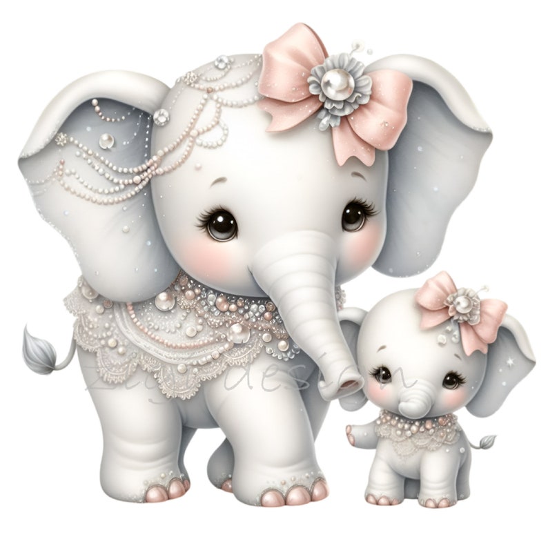 May include: Two white, cartoon elephants with pink bows and pearl necklaces. The larger elephant is standing with its front leg raised, while the smaller elephant is standing with its front legs together. Both elephants have large, brown eyes and pink cheeks.