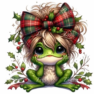 12 cliparts PNG Noël grenouille avec noeud écossais et houx, crapaud vert mignon avec de grands yeux et des feuilles de vacances, art animalier festif