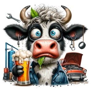 May include: A cartoon cow wearing a blue denim shirt and holding a glass of beer. The cow has a green leaf in its mouth and is sweating. There is a red car with the hood open in the background.