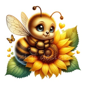 Könnte beinhalten: Eine niedliche Cartoon-Biene mit großen blauen Augen, die auf einer leuchtend gelben Sonnenblume sitzt. Die Biene hat braune und gelbe Streifen und zarte Flügel. Ein kleiner Schmetterling und gelbe Herzen sind ebenfalls vorhanden.