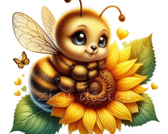 10 PNG Cute Baby Bee on Sunflower Clipart, Adorable Bumblebee Hearts, Summer Nursery Sublimation Digital Download