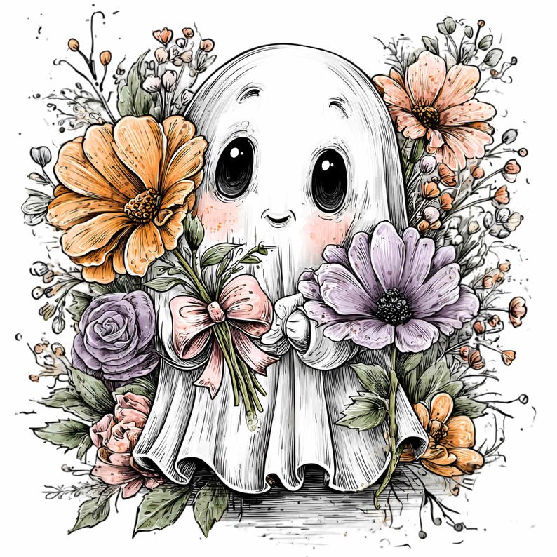 May include: A cute cartoon ghost with large black eyes and rosy cheeks, surrounded by colorful flowers. The ghost is holding a bouquet tied with a pink bow. The flowers include orange, purple, and pink blooms.
