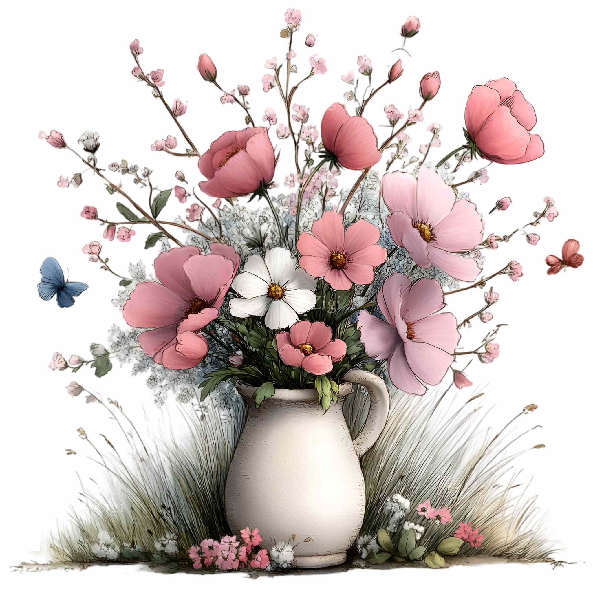 16 PNG Floral Vase Clipart, Watercolor Flower Bouquet, Botanical Spring ...