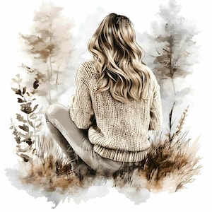 24 imágenes prediseñadas JPEG de mujer sentada en la naturaleza, ilustración de chica rubia otoñal, arte mural estético otoñal con suéter beige