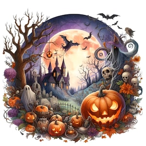 12 PNG Spooky Halloween Night Clipart PNG - Casa stregata, luna piena, zucche e fantasmi, perfetti per i lavoretti di Halloween