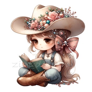 May include: A cartoon girl with long blonde hair wears a brown cowboy hat decorated with flowers and beads. She is wearing a blue denim overall dress and brown cowboy boots. She is sitting and reading a green book.