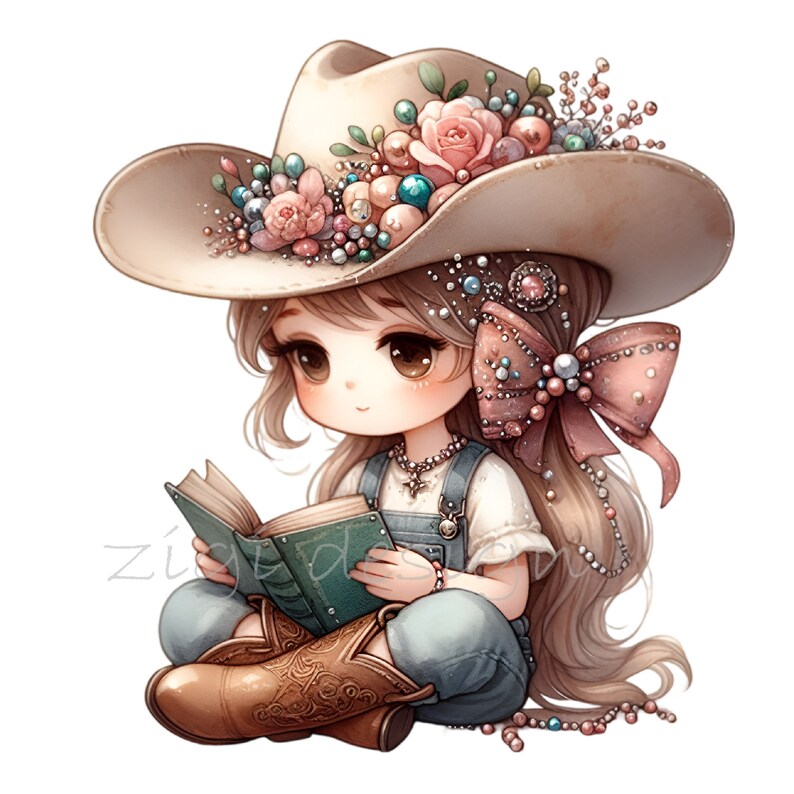 May include: A cartoon girl with long blonde hair wears a brown cowboy hat decorated with flowers and beads. She is wearing a blue denim overall dress and brown cowboy boots. She is sitting and reading a green book.