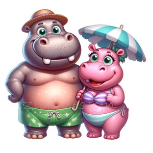 12 hipopótamos de playa PNG clipart con trajes de baño, sombrilla y sombrero / Linda ilustración de pareja de hipopótamos de verano para manualidades y decoración de vacaciones