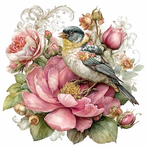 May include: A watercolor illustration of a bird perched on a large pink peony. The bird has a yellow breast, blue-gray wings, and a patterned back. Surrounding the bird are pink roses, buds, and green leaves, with a decorative flourish in the background.
