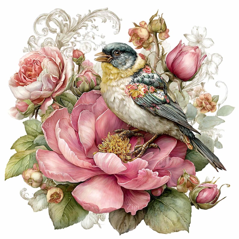 May include: A watercolor illustration of a bird perched on a large pink peony. The bird has a yellow breast, blue-gray wings, and a patterned back. Surrounding the bird are pink roses, buds, and green leaves, with a decorative flourish in the background.