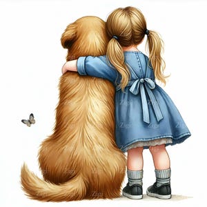 12 ilustraciones JPEG de niña abrazando a un perro dorado, vestido azul y coletas, arte de la amistad y el amor