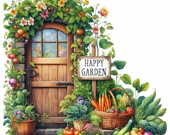 May include: A wooden door with a stained glass window is surrounded by lush greenery and a sign that reads "HAPPY GARDEN". A basket filled with carrots, zucchini, and other vegetables sits in front of the door.