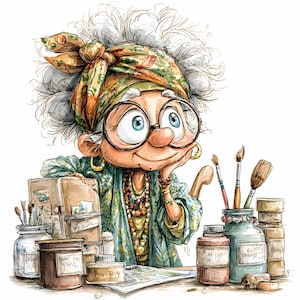 May include: A whimsical illustration of an elderly artist with glasses, a headscarf, and jewelry, surrounded by art supplies. Jars of paint, brushes, and sketches are on the table. The artist is smiling and resting her chin on her hand, appearing thoughtful.