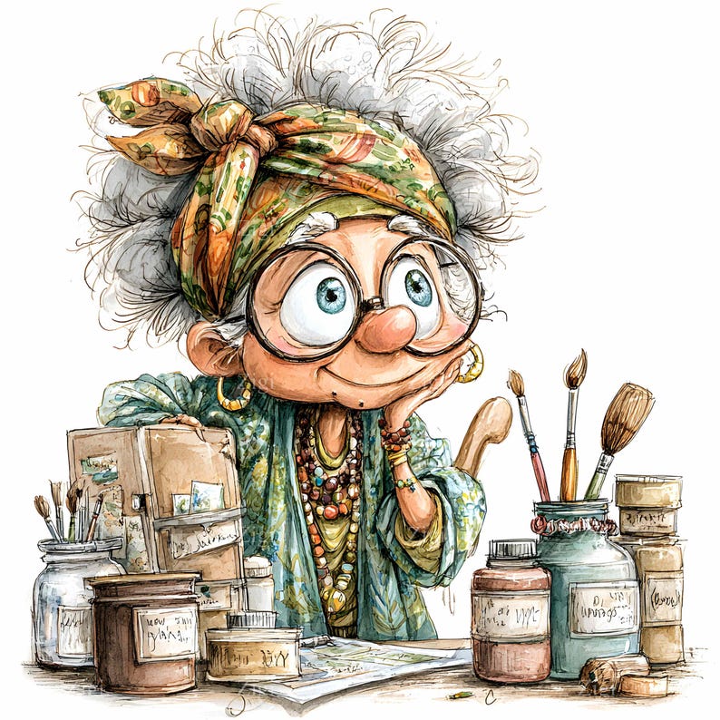 May include: A whimsical illustration of an elderly artist with glasses, a headscarf, and jewelry, surrounded by art supplies. Jars of paint, brushes, and sketches are on the table. The artist is smiling and resting her chin on her hand, appearing thoughtful.