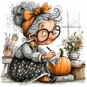 May include: A cartoon of an elderly person with gray hair, wearing glasses and an orange polka-dot headband, writing on paper next to a pumpkin. The person is wearing a black and white polka-dot dress and gold earrings. Flowers and art supplies are in the background.