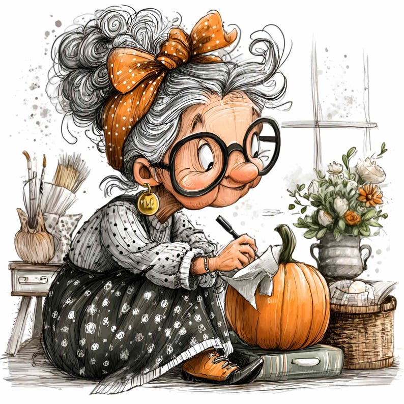 May include: A cartoon of an elderly person with gray hair, wearing glasses and an orange polka-dot headband, writing on paper next to a pumpkin. The person is wearing a black and white polka-dot dress and gold earrings. Flowers and art supplies are in the background.