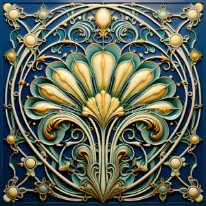 10 Art Nouveau Tile PNG 3D Embossed Floral Vintage Ornament Sublimation