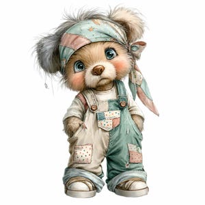 May include: A cute teddy bear illustration. The bear is wearing a patchwork bandana, a white shirt, and teal overalls with patchwork details. The bear has rosy cheeks, blue eyes, and is wearing white trainers. The overall style is whimsical and charming.