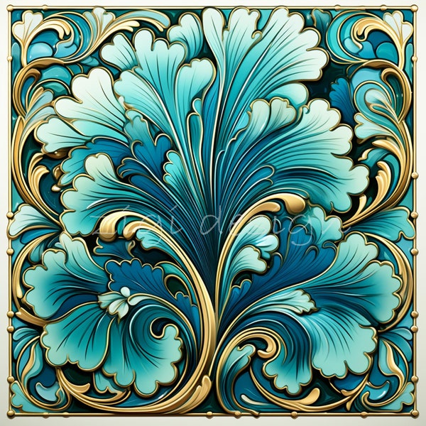 Art Nouveau Tile Clipart Bundle, 10 Ceramic Tile Cloip Art Deco Digital Paper Watercolor Images
