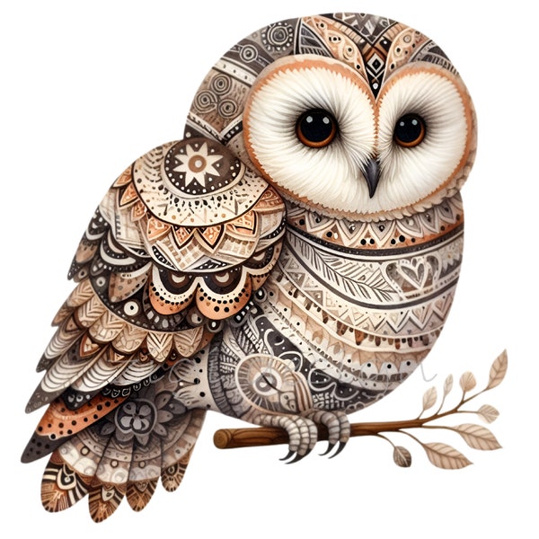 Owl Mandala Clipart, 15 PNG Folk Art Clip Art, Scandinavian Nordic Pattern Warm Neutral Colors, Ethnic Printable Wall Art, Card Making