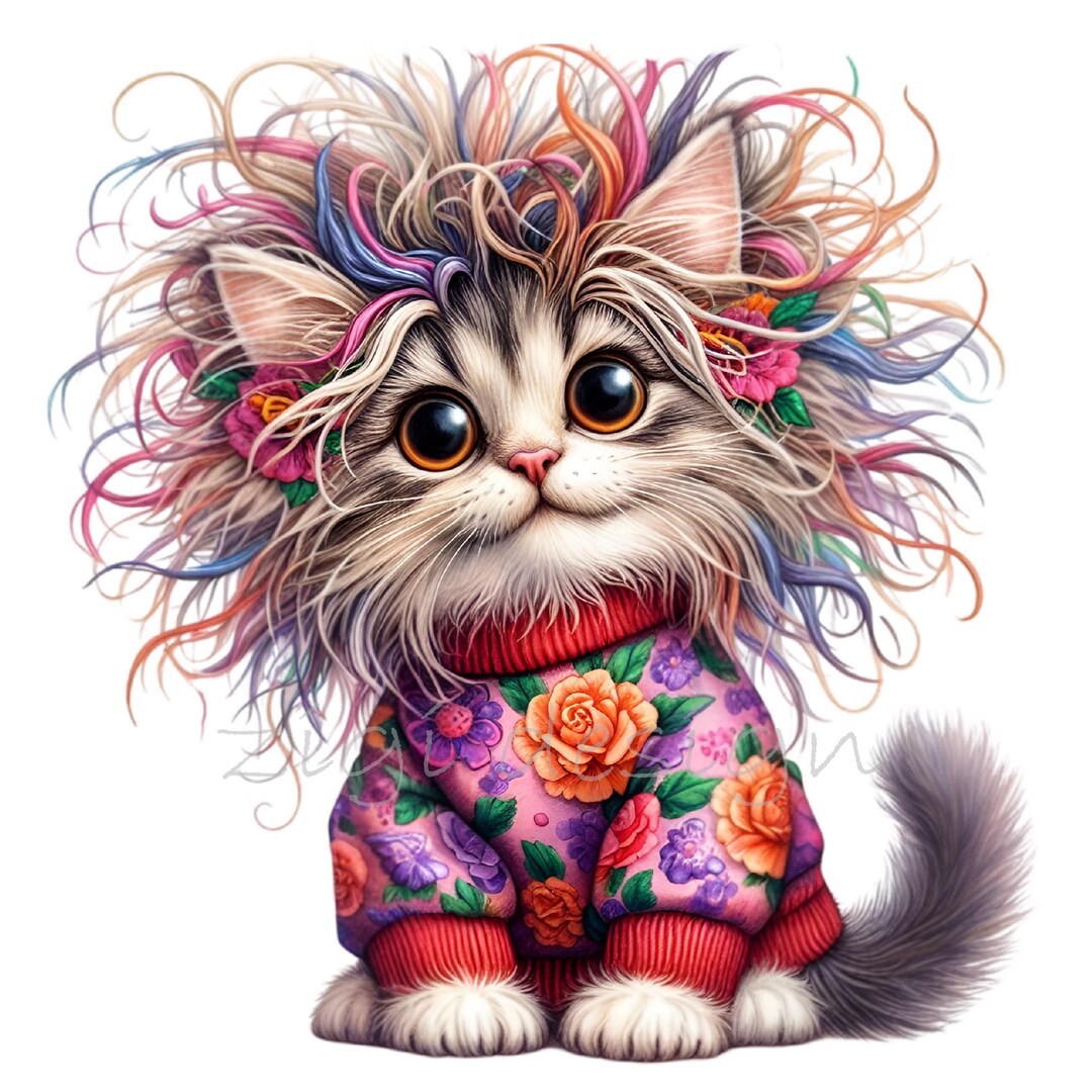 12 PNG Floral Cat Clipart – Whimsical Kitten Illustration With Colorful ...
