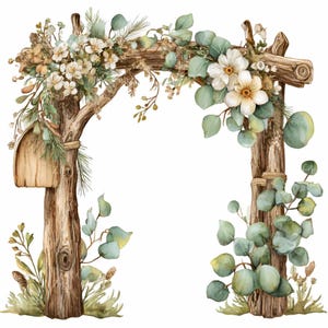 May include: Watercolor illustration of a wooden archway decorated with white flowers, green eucalyptus leaves, and other greenery. The arch has a rustic, natural aesthetic, perfect for weddings or outdoor events. A small wooden sign hangs on the left side.