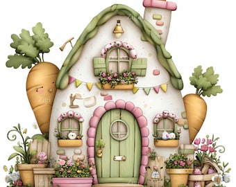 May include: A whimsical illustration of a cottage with a green roof and pink accents. The cottage has a green door and windows with flower boxes. Large carrots flank the cottage. The image has the text "Zigi".