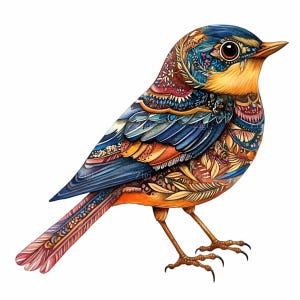 16 カラフルな装飾的な鳥の PNG クリップアート、複雑な模様の赤ちゃん鳥のイラスト、気まぐれなフォークアートの動物デザイン