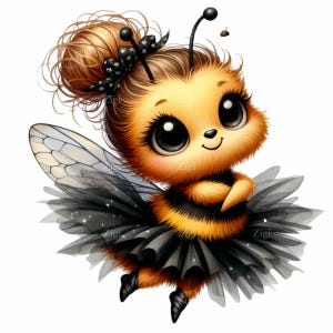May include: A cartoon bee with large eyes and a black tutu, wearing a black bow in her hair. She has fuzzy brown hair and yellow and black stripes on her body. She has translucent wings.