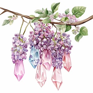 27 imágenes prediseñadas de cristales de glicina JPEG, gemas colgantes rosas y azules con flores moradas, arte floral de fantasía imprimible