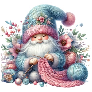 18 Strick-Gnom PNG Clipart, niedlichen Gnom in blau und rosa Hut mit Blumen, Wollknäuel, Häkelnadel, Handwerk Kunst