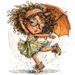 Puede incluir: Ilustraci&oacute;n de una ni&ntilde;a de dibujos animados bailando bajo la lluvia, sosteniendo un paraguas naranja. Lleva un vestido verde floral, botas marrones y gafas grandes. Su pelo casta&ntilde;o rizado est&aacute; adornado con una diadema naranja a juego. La imagen tiene un estilo de acuarela.