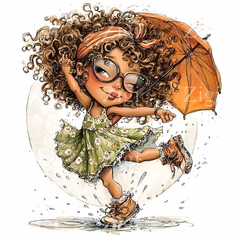 Puede incluir: Ilustraci&oacute;n de una ni&ntilde;a de dibujos animados bailando bajo la lluvia, sosteniendo un paraguas naranja. Lleva un vestido verde floral, botas marrones y gafas grandes. Su pelo casta&ntilde;o rizado est&aacute; adornado con una diadema naranja a juego. La imagen tiene un estilo de acuarela.