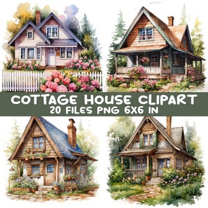 20 Cottage House Clipart Bundle, PNG Files, Watercolor Rustic Home Illustration, Cabin Digital Download