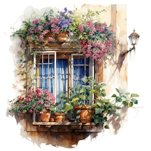 Puede incluir: Una pintura de acuarela de una ventana con una cortina azul y plantas en macetas. La ventana está rodeada de exuberantes enredaderas verdes y flores rosas.