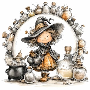 12 PNG Potion Bottles Clipart – Cute Witch PNG – Cute Halloween Girl Art for Apothecary Labels, Tags, Sublimation, Craft Projects