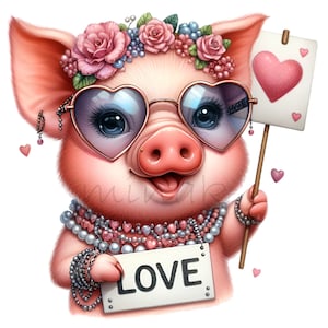 12 PNG di maialino di San Valentino – Graziosa clipart di maialino con occhiali a forma di cuore, corona floreale e segno d'amore – Arte romantica con animali per biglietti, bambini, lavoretti