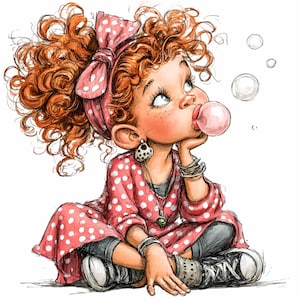 Könnte beinhalten: Illustration eines Mädchens mit roten Locken, das ein rosa gepunktetes Kleid und ein Stirnband trägt und eine Blase bläst. Sie sitzt im Schneidersitz und hat einen nachdenklichen Ausdruck. Das Bild hat einen skurrilen, cartoonartigen Stil.