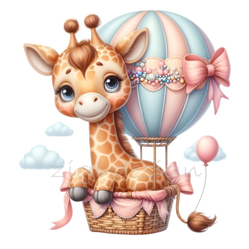 Baby Giraffe PNG Clipart – Cute Animal in Hot Air Balloon Digital Download for Nursery Wall Art, Baby Shower Invitations, Sublimation Crafts