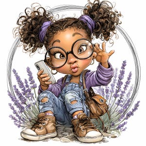 15 Clipart JPEG di una ragazza lavanda – Illustrazione di un bambino carino con il telefono – Arte digitale stravagante per album di ritagli, stampe per bambini o progetti per adolescenti