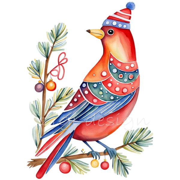 Christmas Bird Clipart PNG Bundle, 25 Card Making 5x7 inches Watercolor