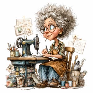 May include: A cartoon illustration of a woman with curly grey hair and glasses, seated at a sewing table. She wears a brown apron and is writing. A vintage sewing machine, spools of thread, and art supplies are on the table. The background is white.
