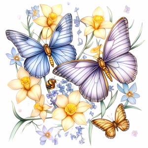 12 PNG de mariposas y narcisos en acuarela - Flores y mariposas de primavera PNG - Ilustración digital de la naturaleza